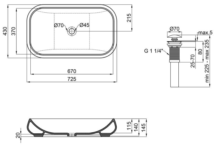 Раковина-чаша накладная Qtap Jay 725х430х145 с донным клапаном White QT07112166W - QT07112166W