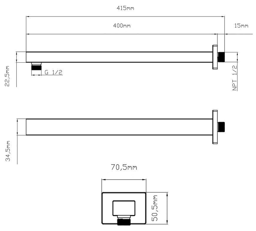 Кронштейн для верхнього душу Qtap Trubice 400 мм прямокутний QTTRU120BLM45929 Black Matt - QTTRU120BLM45929