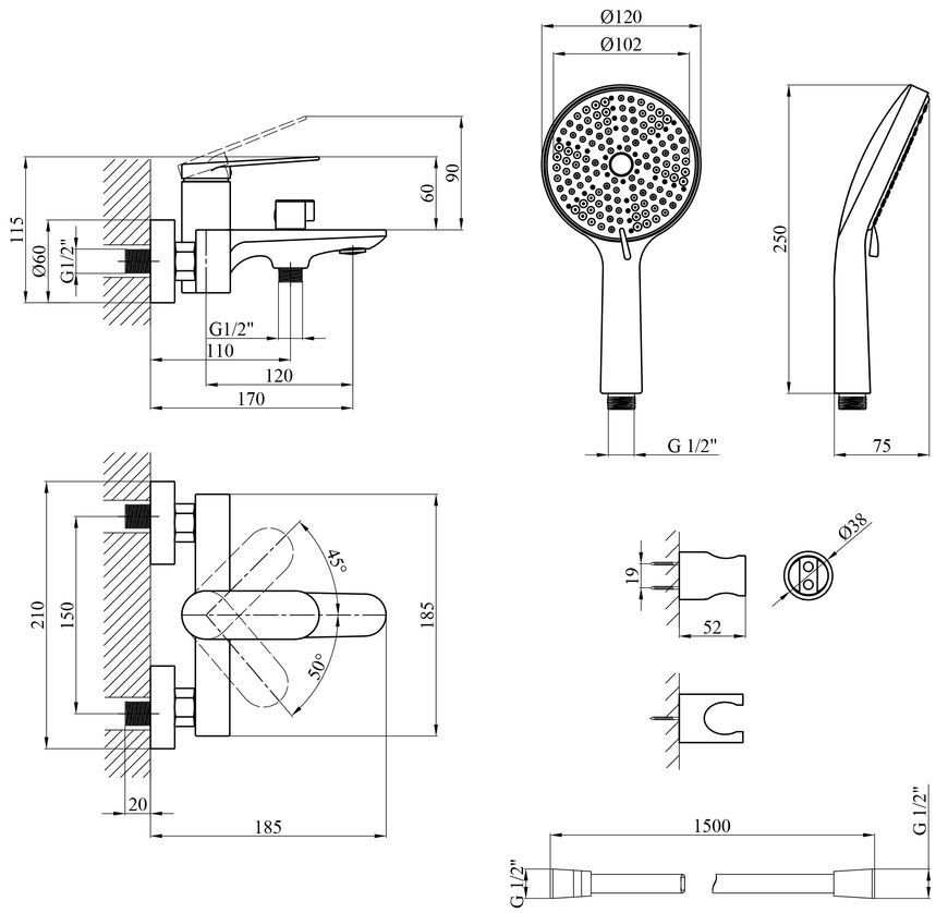 Змішувач для ванни Kroner Element 211315-3801 з душовим гарнітуром, латунь, чорний CV035954 - Element 211315-3801