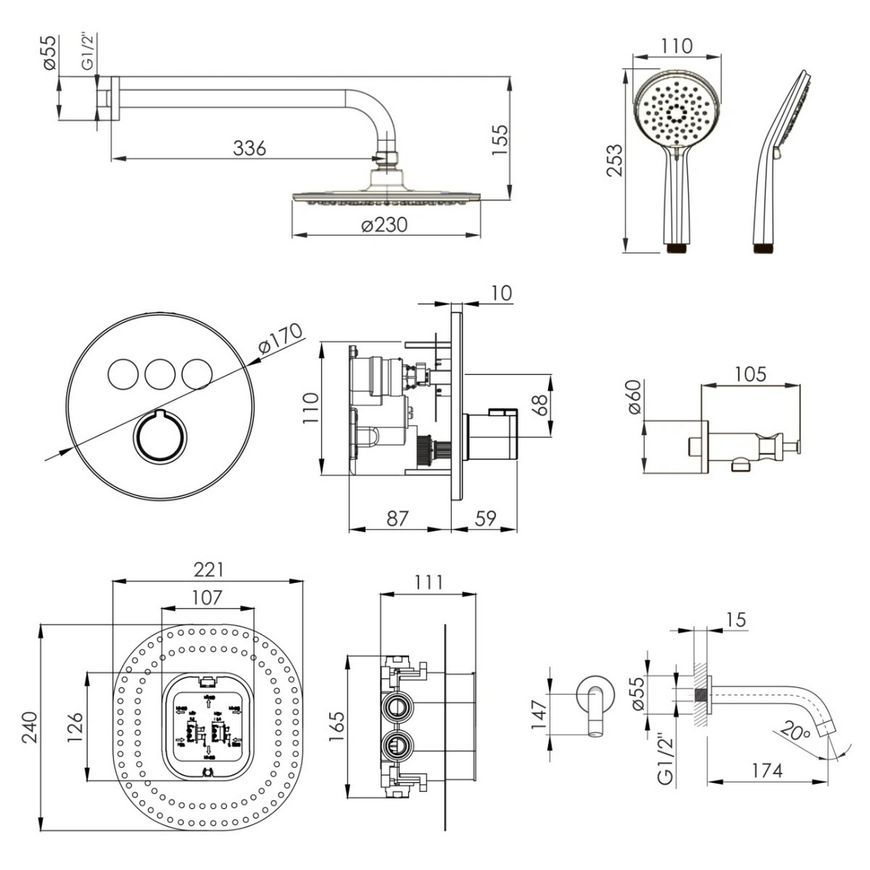 Термостатическая душевая система скрытого монтажа Imprese Kucera 3 функции t04803410SBC черная матовая - t04803410SBC