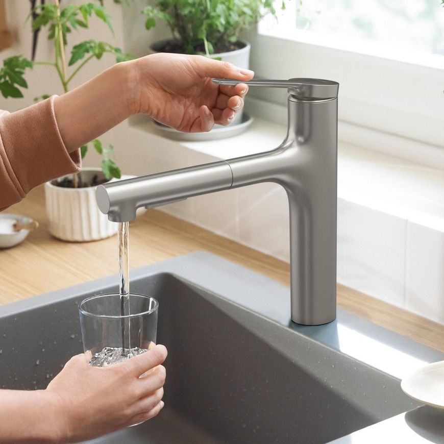 Смеситель кухонный HANSGROHE Zesis M33 160 с вытяжным изливом 2jet sBox lite 74804800 нержавеющая сталь - 74804800