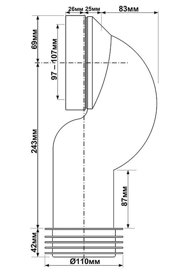 Канализационное подключение (колено) McALPINE 285 мм 90&deg; 97-107/110 мм HC42