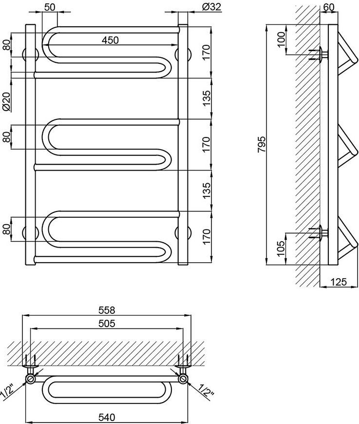 Полотенцесушитель водяной LIDZ Zigzag (CRM) D32/20х1/2" 500x800 P3 - LZZD32201250803WAT