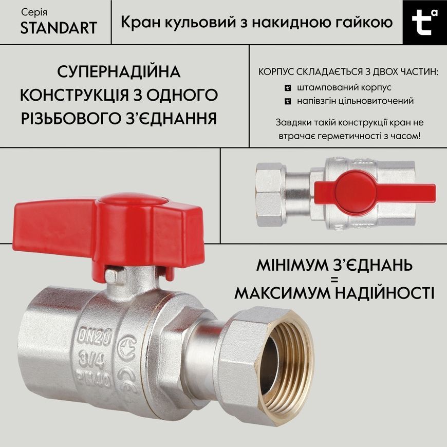 Кран кульовий прямий з накидною гайкою Thermo Alliance Standart 3/4" ВР латунь PN40 TAS260W20