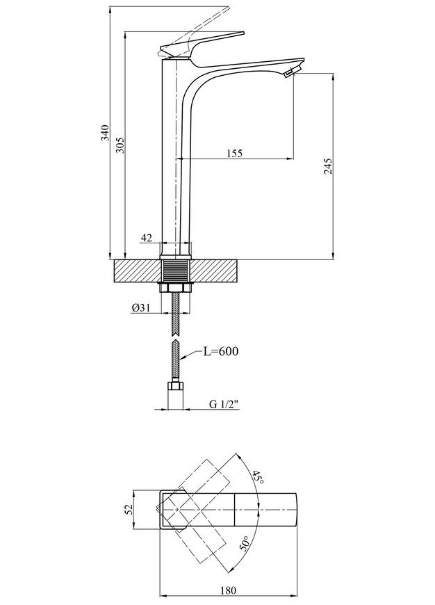 Змішувач для раковини високий Kroner KRP Vog-GRP010-3 графіт, латунь CV035588 - Vog-GRP010-3
