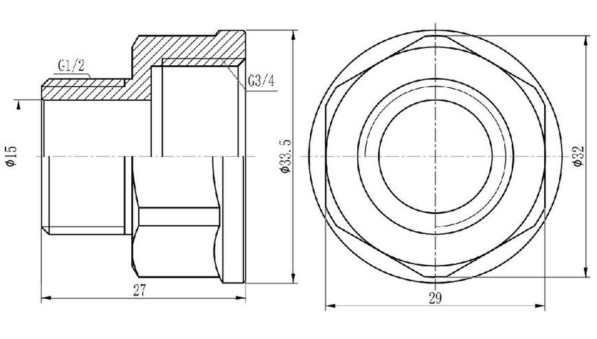 Переход латунный SD Forte 3/4"ВРх1/2"НР хромированный SF360H2015