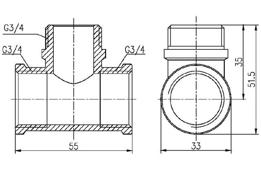 Трійник латунний SD Forte 3/4"ВРх3/4"ЗРх3/4"ВР рівнопрохідний нікельований SF36420