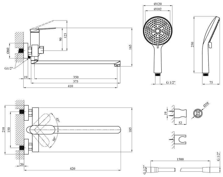 Змішувач для ванни Kroner Element 211414-0101 з душовим гарнітуром, латунь, хром CV035956 - Element 211414-0101