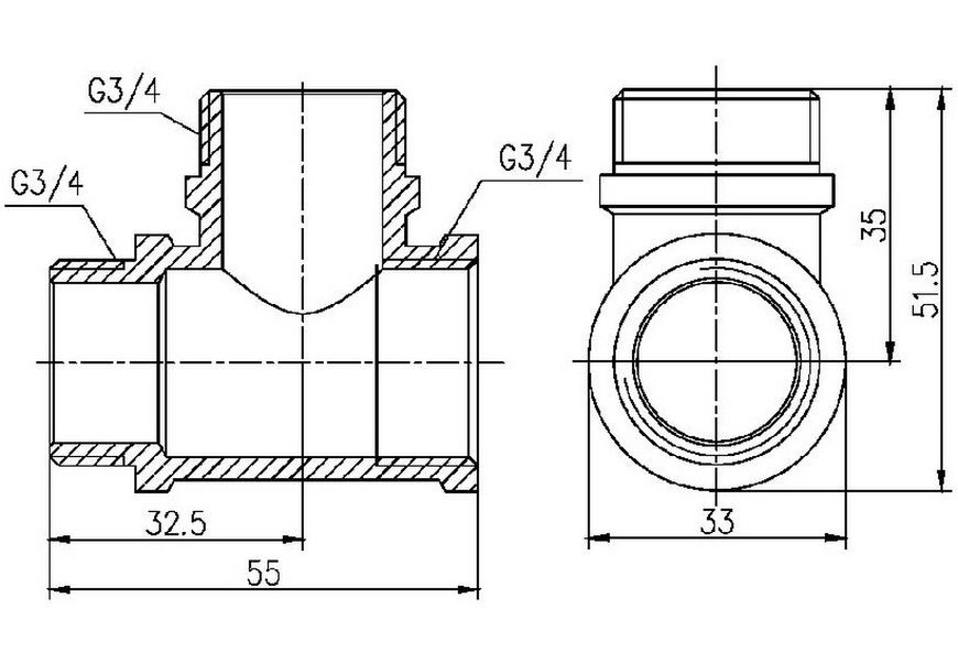 Трійник латунний SD Forte 3/4"ВРх3/4"ЗРх3/4"ЗР рівнопрохідний нікельований SF36520
