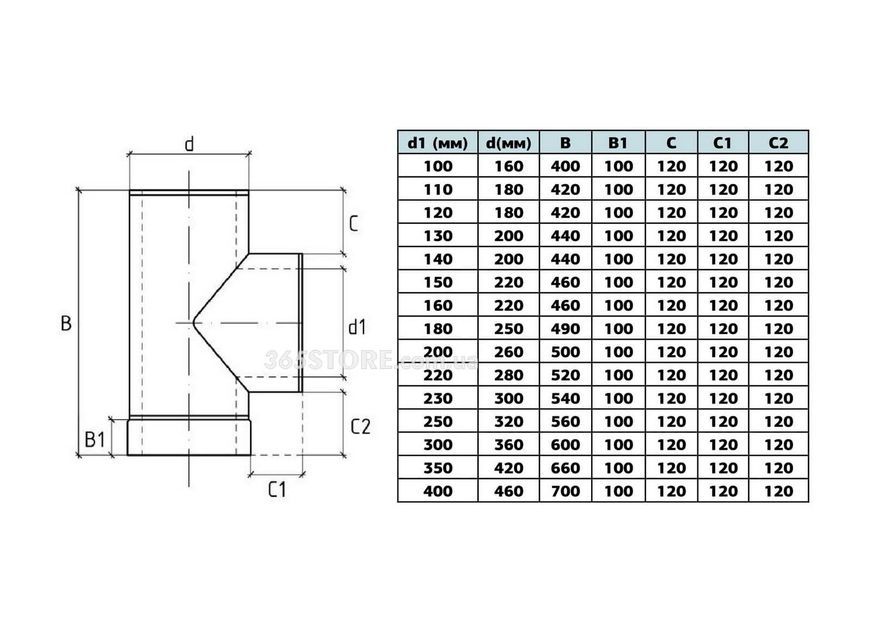 Тройник термо (сэндвич) дымоходный ВЕНТ УСТРИЙ из нержавеющей стали &Oslash;180/250, 87&deg;, 0,8 мм - VU-Tr-U-D180-87-0,8