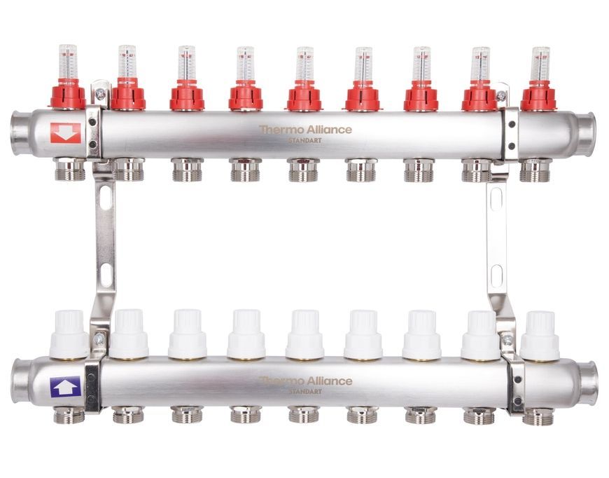Коллектор с термостатическими клапанами и расходомерами Thermo Alliance Standart 1" 9 выходов SD0049 нерж. - SD0049