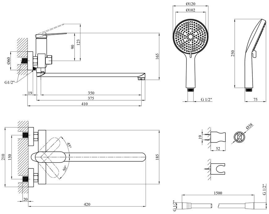 Смеситель для ванны Kroner Element 211414-5301 с душевым гарнитуром, латунь, графит CV035957 - Element 211414-5301