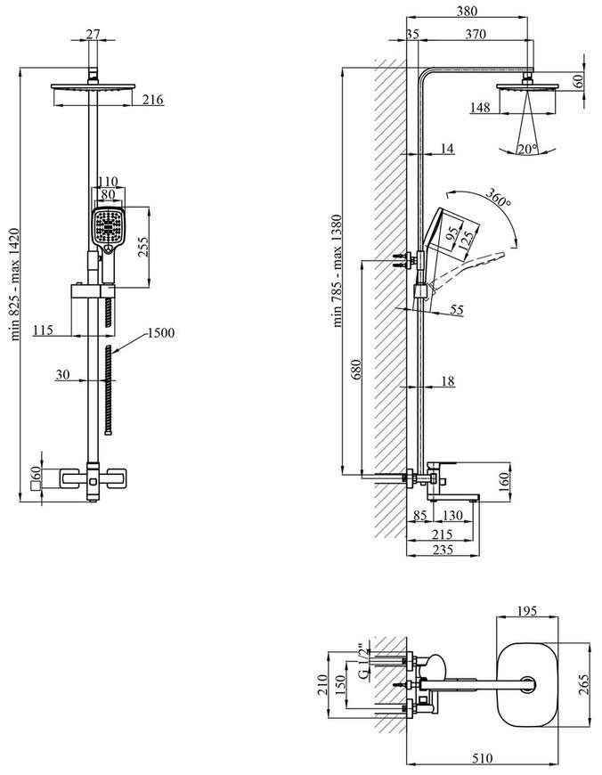 Душова система Kroner KRP Edelstahl Kubus-PVD063 на 3 споживача, графіт CV035906 - EdelstahlKubus-PVD063