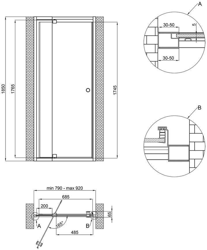 Набір: душові двері в нішу QTAP PISCES WHI208-9.CP5 79-92x185, скло Pattern 5 мм + душовий трап - QTDRYFB304600PISWHI2089CP5