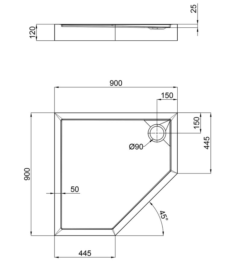 Душевой поддон QTAP Diamond 309912 90x90x12 см + сифон DIAMOND309912