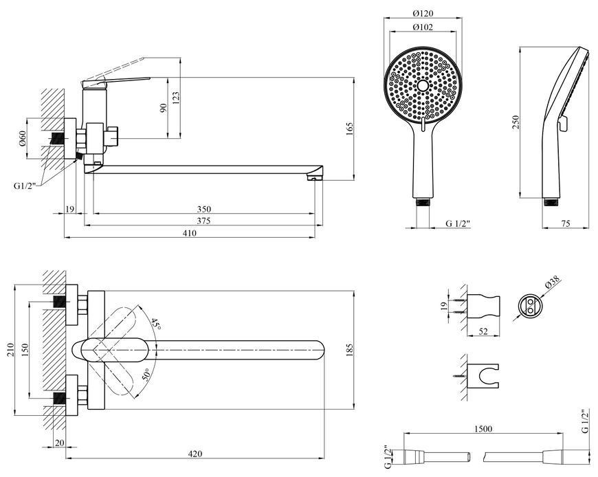 Смеситель для ванны Kroner Element 211414-3801 с душевым гарнитуром, латунь, черный CV035958 - Element 211414-3801