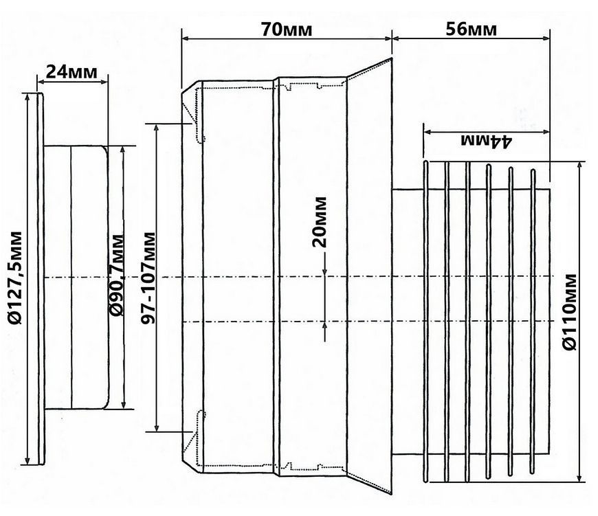 Канализационное подключение McALPINE 126 мм 97-107/110 мм смещение 20 мм WC-CON4M-N