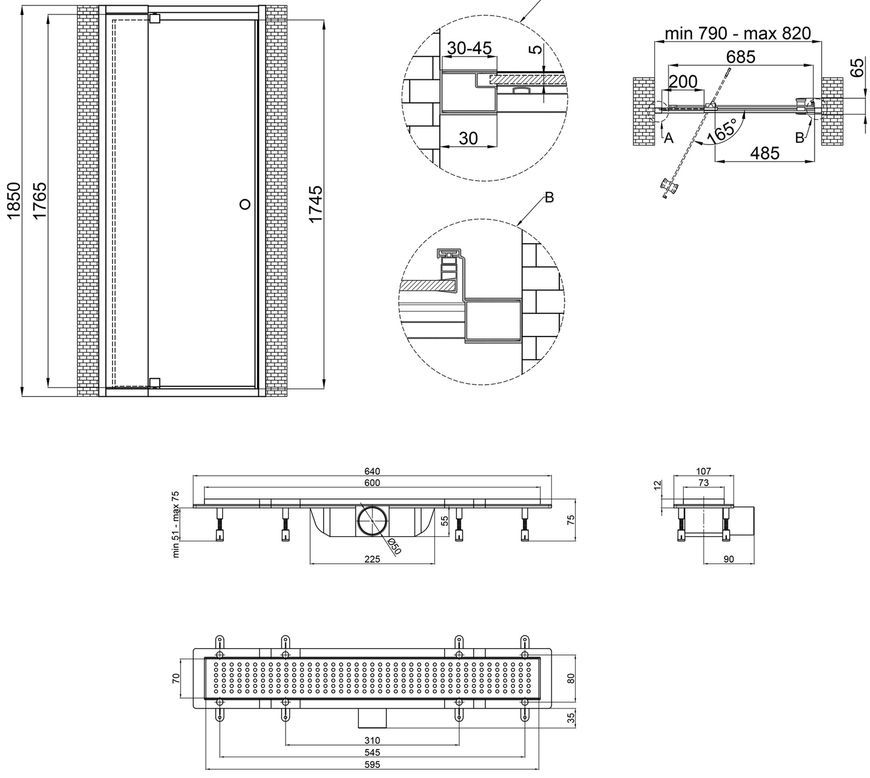 Набір: душові двері в нішу QTAP PISCES WHI208-9.CP5 79-92x185, скло Pattern 5 мм + душовий трап - QTDRYFB304600PISWHI2089CP5