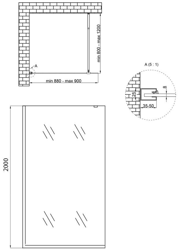Душова перегородка QTAP Walk-In STANDARD CRM209.C8, скло 8 мм Clear, CalcLess, 90x200, нерухома STDCRM209C8 - STDCRM209C8