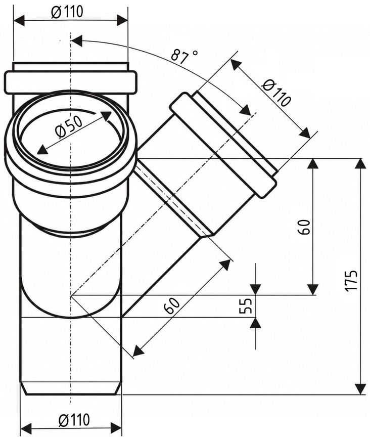 Крестовина двухплоскостная канализационная Ostendorf-OSMA HT-System PLUS d110/110/110/50&times;87&deg; (Л) SD00057311
