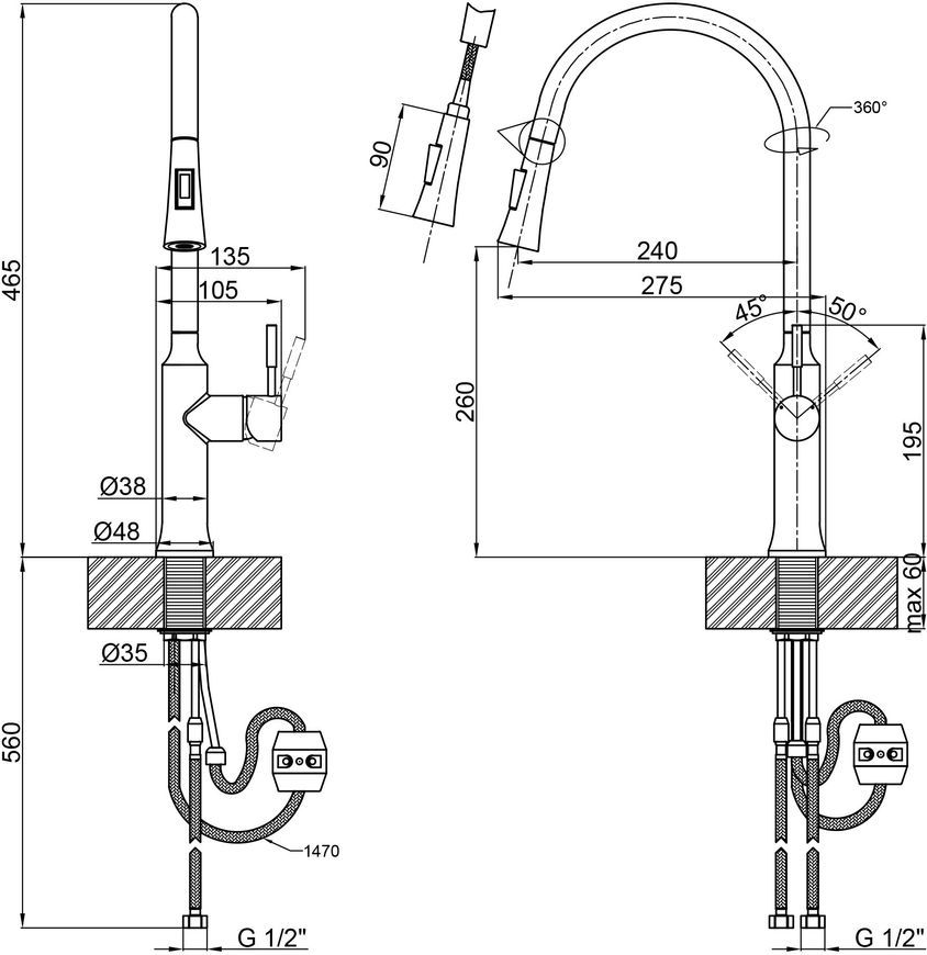 Змішувач для кухні QTAP Baru&scaron;ka 9137103UB з висувним виливом (чорний) - QTBAR9137103UB