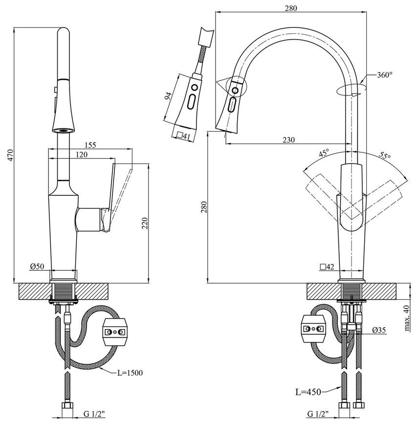 Смеситель для кухни с выдвижным изливом Kroner KRP Makon-GRP030-T графит CV033865 латунь - KRP Makon-GRP030-T