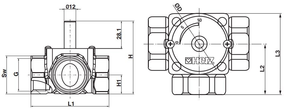 Трехходовой смесительно-распределительный клапан Herz 1213701 с ручкой, DN 15
